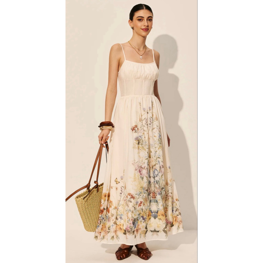 NWT COMMENSE Beige Floral Print Square Neck Maxi Dress S - Picture 4 of 6